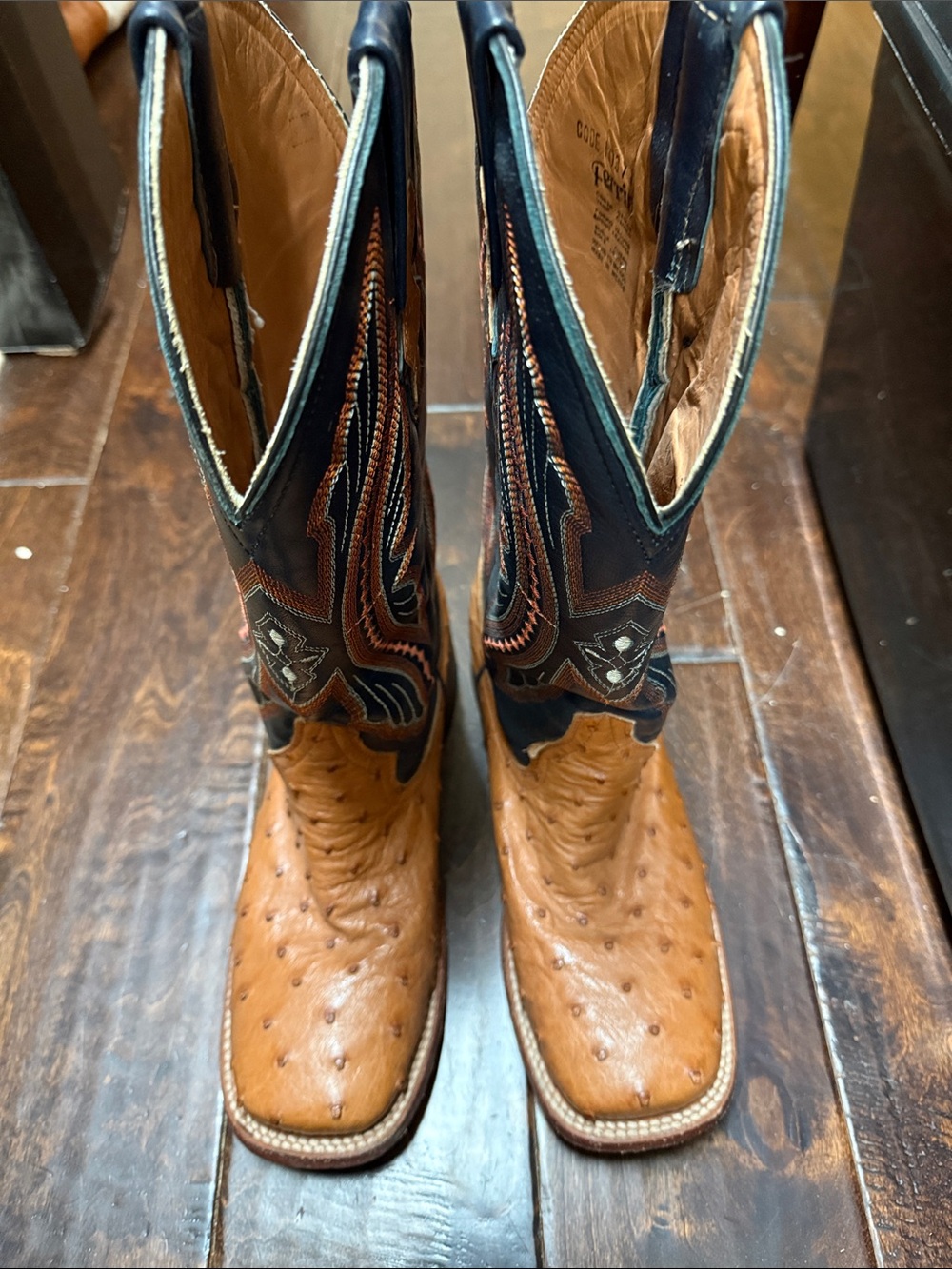 Ferrini Two-Tone Brown and Navy Ostrich-Texture Western Heels